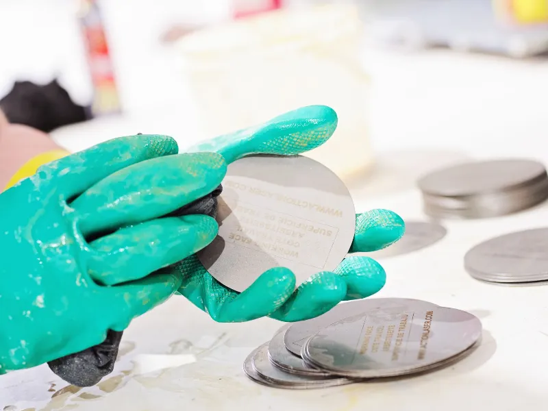 Technician wearing protective gloves holding and cleaning a precision-machined circular metal filtration disc at a workbench.