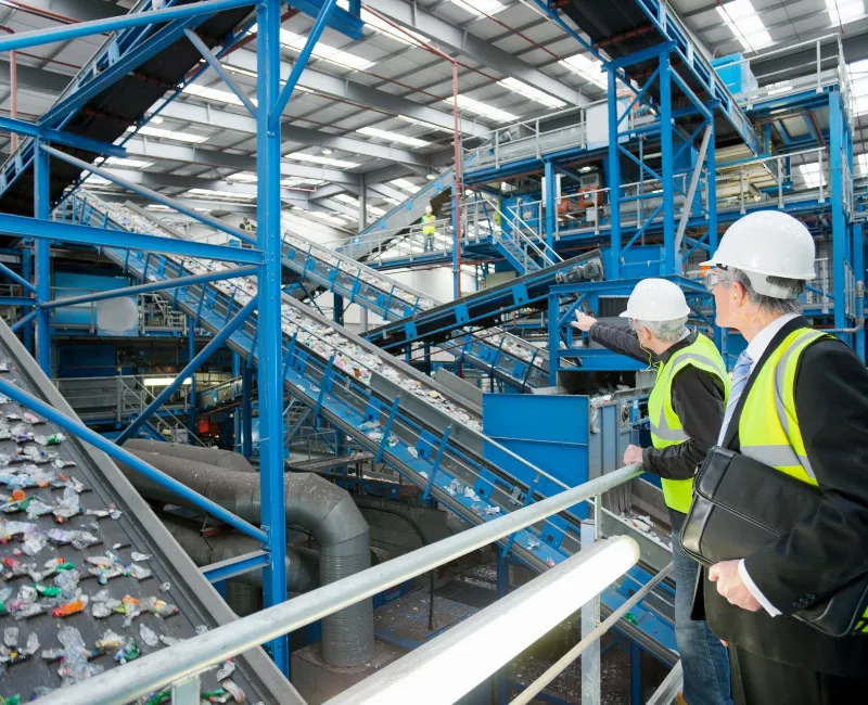 Wide angle view of Businessmen watching plastic on conveyor belt in recycling plant